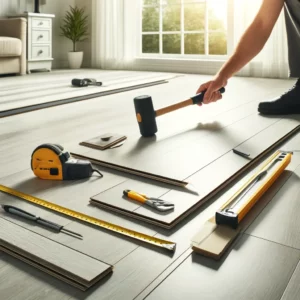vinyl plank flooring installation guide: A bright, clean room with vinyl plank flooring being installed. Focus on the tools and materials such as a rubber mallet, measuring tape, and utility