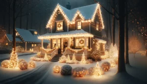 Seasonal Home Lighting Improvement Tips: A-charming-winter-scene-of-a-house-decorated-with-festive-holiday-lights.-The-house-is-adorned-with-warm-white-bulbs-that-create-a-cozy-and-inviting