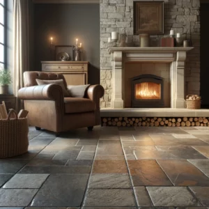 Pros and Cons of Stone Flooring: Stone Flooring in a living room. 