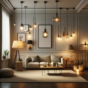 Simple Home Lighting Improvement:: A-cozy-modern-living-room-featuring-creative-home-lighting.-The-room-has-industrial-chic-elements-with-exposed-Edison-bulbs-and-metallic-fixtures-mi