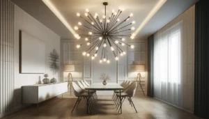 Vintage Lighting Tips for Home Improvement: A dramatic Sputnik chandelier hanging in a modern minimalist dining room.
