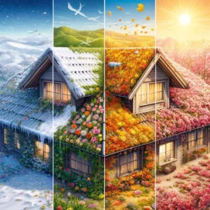 What Every Homeowner Should Know About Roofing: A-picturesque-scene-showing-a-single-roof-transitioning-through-the-four-seasons.-In-one-image-the-roof-is-depicted-under-spring-conditions-with-bloo