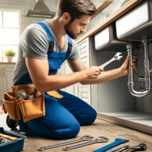 What does a plumber do: a professional plumber isfixing a kitchen pipe