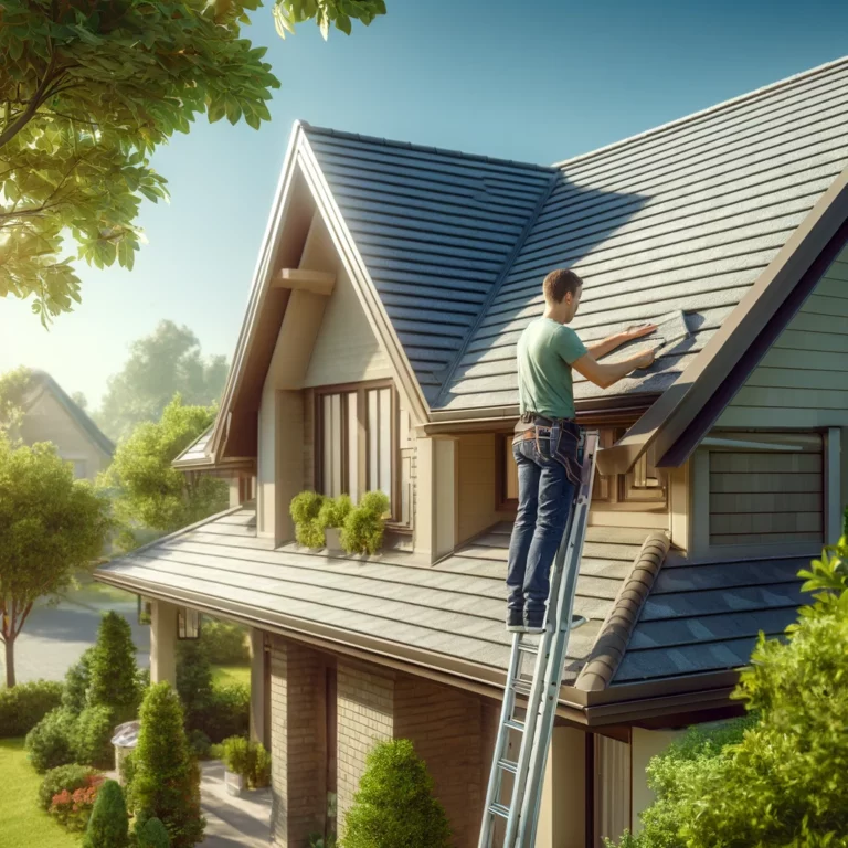 A realistic and natural scene of a homeowner inspecting their roof on a sunny day