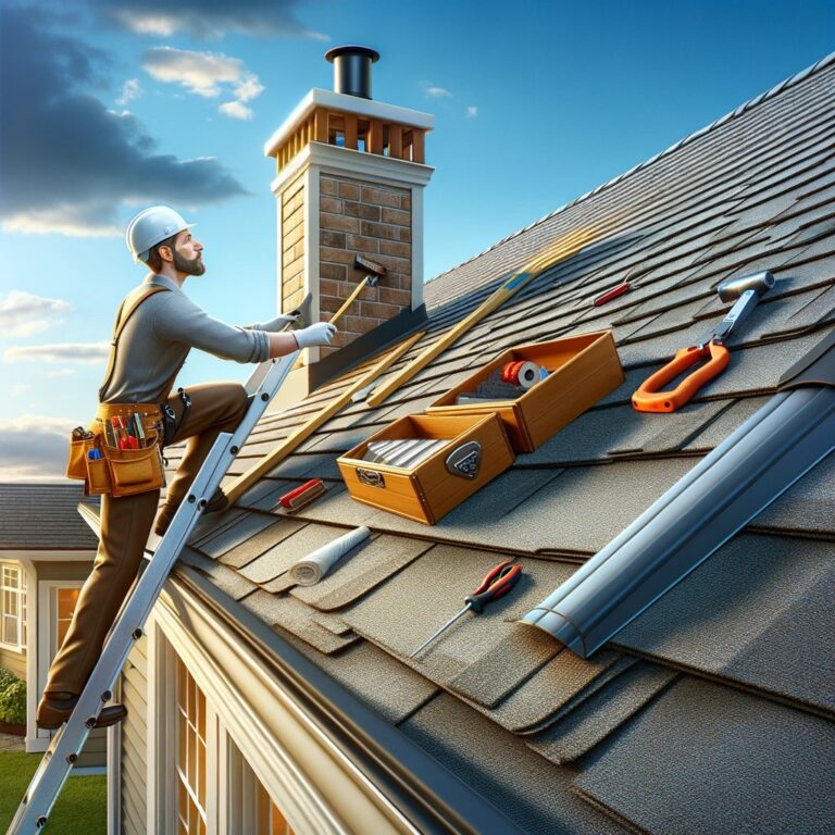 A realistic image of a professional roof inspector examining a house roof