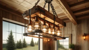 Rustic home lighting improvement tips: A-rustic-lighting-fixture-featuring-a-wooden-beam-chandelier-with-industrial-style-metal-cage-lights.