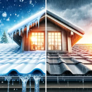 Weatherproofing Tips for roofs: A split-screen image illustrating roof waterproofing in winter and summer. The winter side shows a roof with rain and snow, emphasizing the waterproof