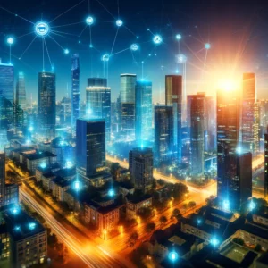 Smart Home Lighting Tips: a vibrant cityscape at night showcasing advanced smart lighting technology. The scene features modern skyscrapers and streets illuminated by various smart lighting devices with visible network lines and nodes, indicating the interconnectivity and automation of the smart lighting system.
