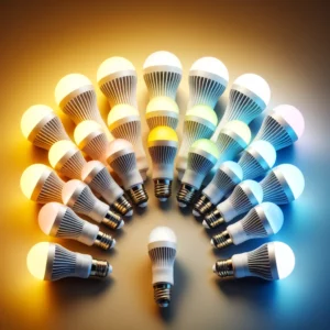 Home Improvement Lighting Tips: An array of LED bulbs displaying different color temperatures from warm to cool, home improvement lighting