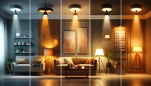 Tips for Effective Home Lighting: the comparison image that clearly demonstrates the differences between ambient lighting, task lighting, and accent lighting in a modern living room.