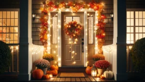 Seasonal Home Lighting Improvement Tips: An-inviting-autumn-themed-front-porch-decorated-with-festive-lighting.-The-door-is-framed-with-garlands-of-colorful-autumn-leaves-interwoven-with-warm